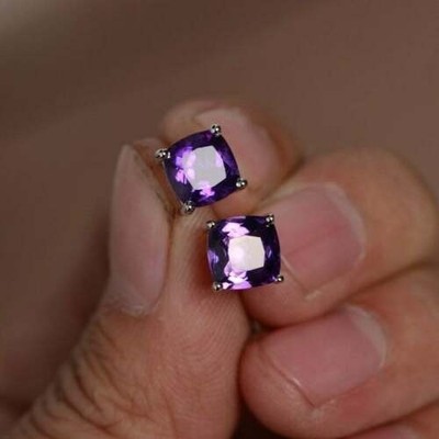 5.00 Ct Cushion Cut Natural Amethyst Diamond Earring 14K Solid White Gold Stud