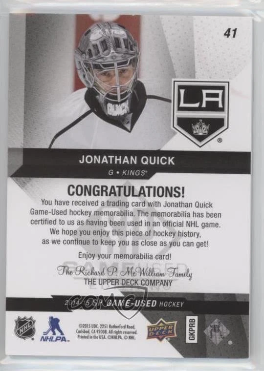 2014-15 SP Game Used Gold Jerseys Jonathan Quick #41 - Image 2 of 2