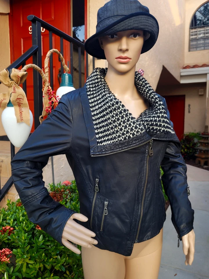 Doma Women Leather Cable Knit Collar Asymmetric Zip Up Black Jacket Size M - Image 3 of 4