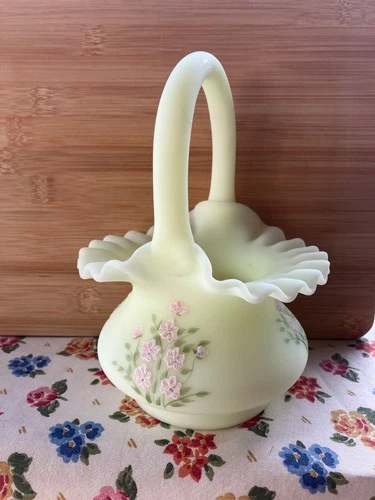 Vintage Fenton Hand Painted Custard Glass Basket. Signed by Artist