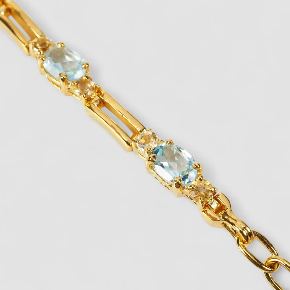 Opulent Blue Aquamarine Bracelet 925 Sterling Silver 24K Gold Plated 8.2inches - Image 4 of 4