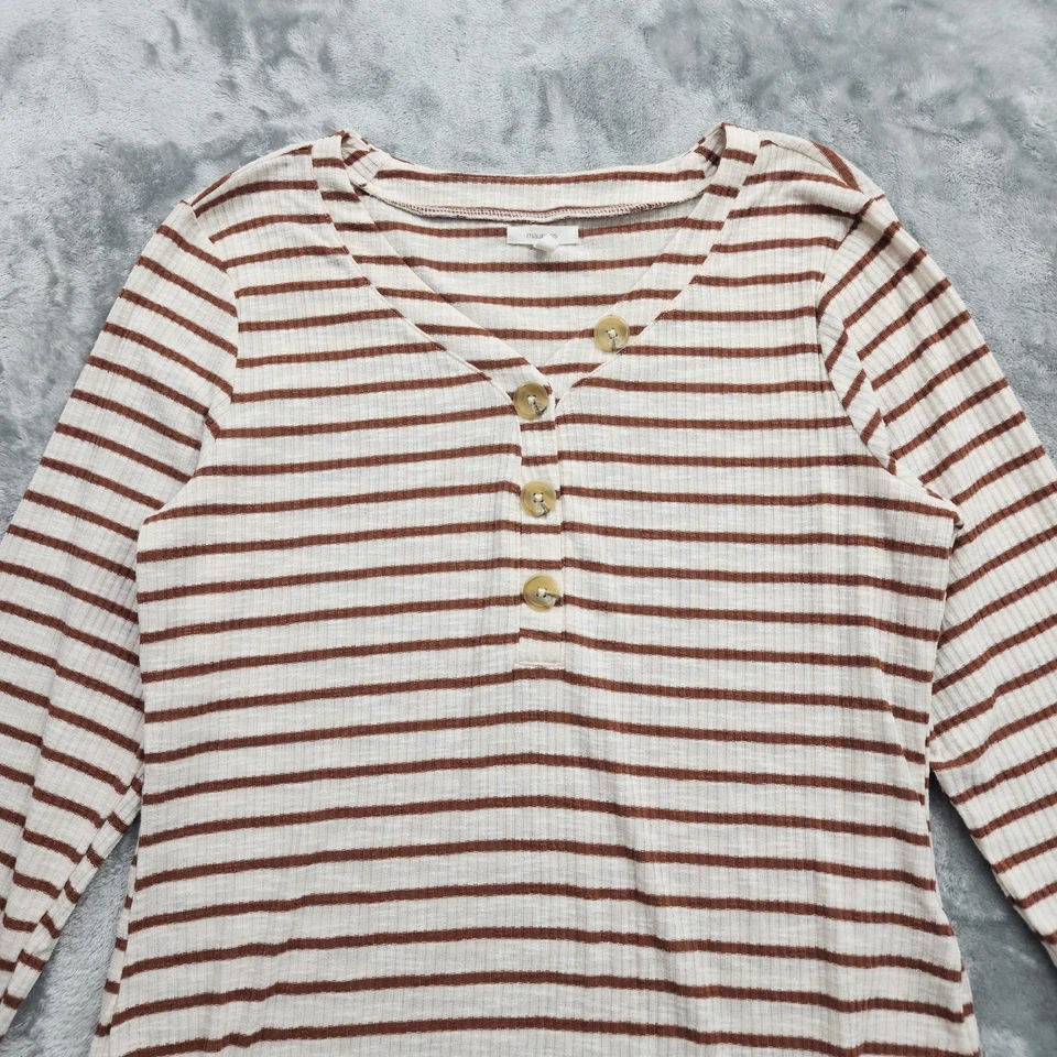 Camiseta informal Maurices Top Mujer XXL Marrón Crema Rayas Heartland Henley Botón Foto 2 de 4