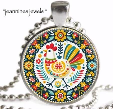 Chicken NECKLACE Scandinavian Folk Art Print Silver Charm Pendant Necklace