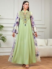 Printed Embroidery Beaded Abaya Kaftan Gown Dubai Women Muslim Long Dress Party