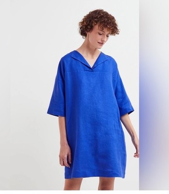 $148 NEW Monoprix/Premium French M Dress 100% Linen Blue Oversized Lagenlook