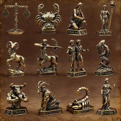 Brass Zodiac Sign Figurine Vintage Constellation Statue Home Office Decor