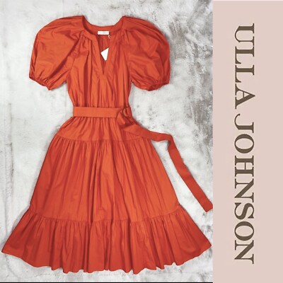 ULLA JOHNSON Orange Red 100% Cotton Puff-Sleeve Midi Belted Dress sz 2 NWT