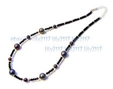 Faceted 3mm Bright Black Spinel Gems Akoya Peacock Black Pearl Necklace 18''
