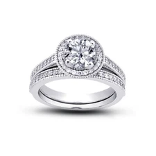 0.96ct D/VS2 Round Natural Certified Diamonds Plat Halo Ring with Wedding Band