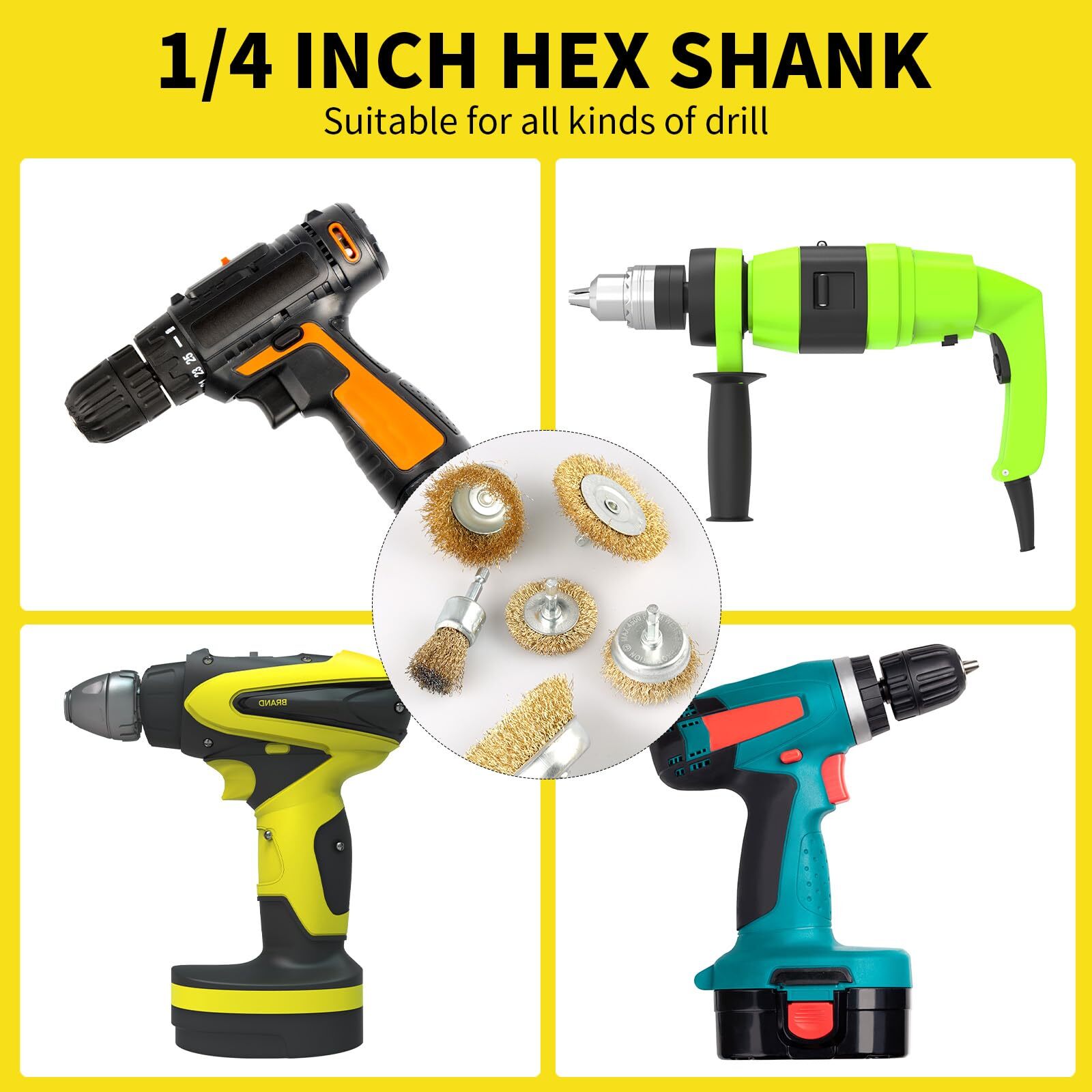 5 Pcs Wire Brush for Drill Set, Brass Wire Wheel for Drill, 1/4 Inch Hex Shank