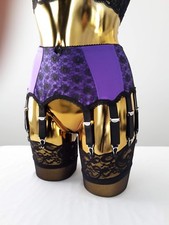 Large 14 Strap Purple Lycra Black Lace Designer Retro Burlesque Suspender Belt