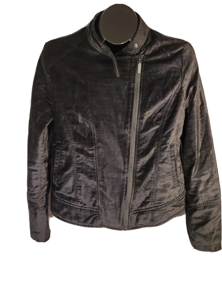 Chaqueta Kensie Jeans Talla Mediana Para Mujer Ajustada Moto Cremallera Completa Terciopelo Negro Foto 4 de 4