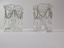 Glass 4" Candlesticks W/ Glass Prism Embellished Bobeches Cute Set! 4 pcs total