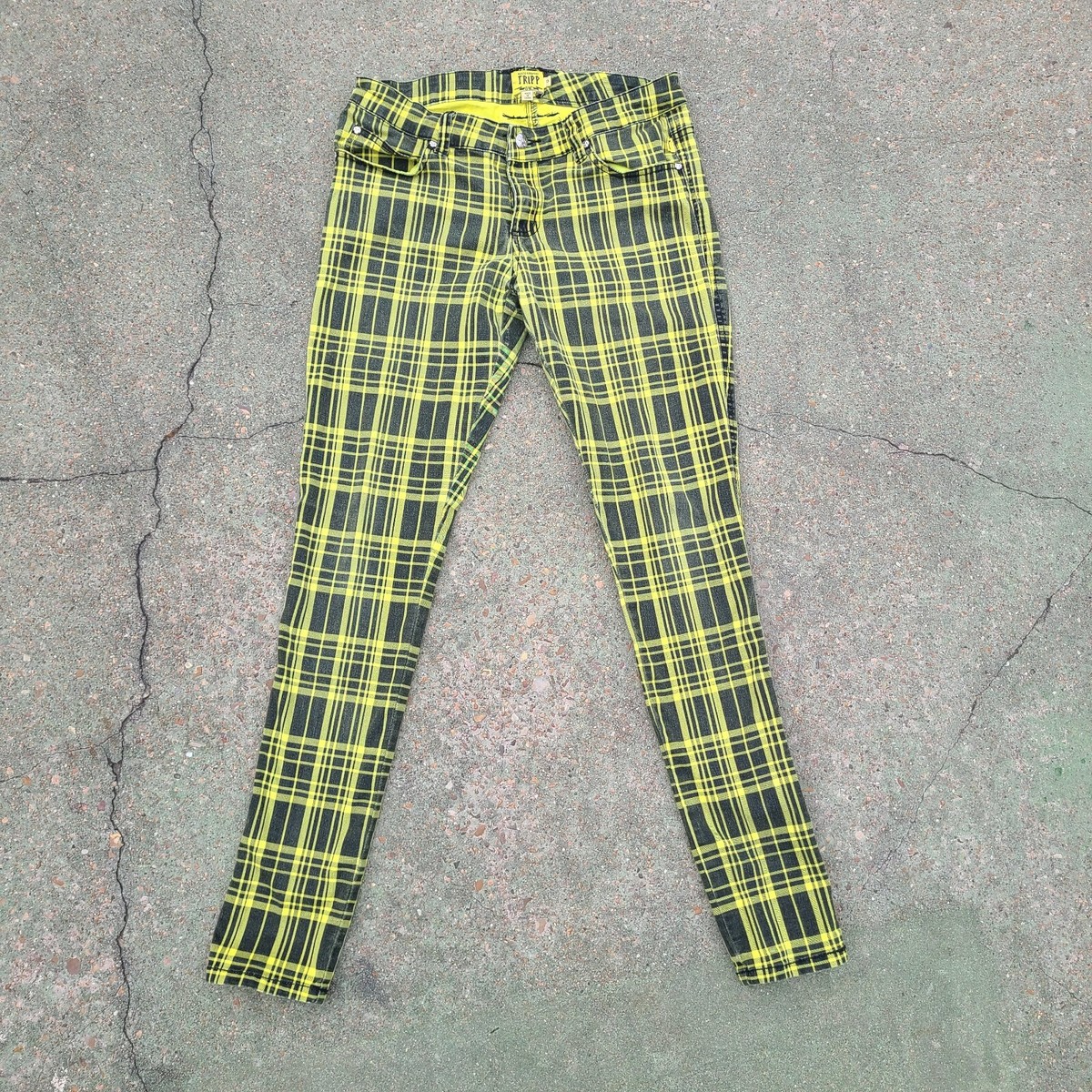 Tripp NYC Plaid Pants Low Waist T-Back Jean Yellow & Black Plaid