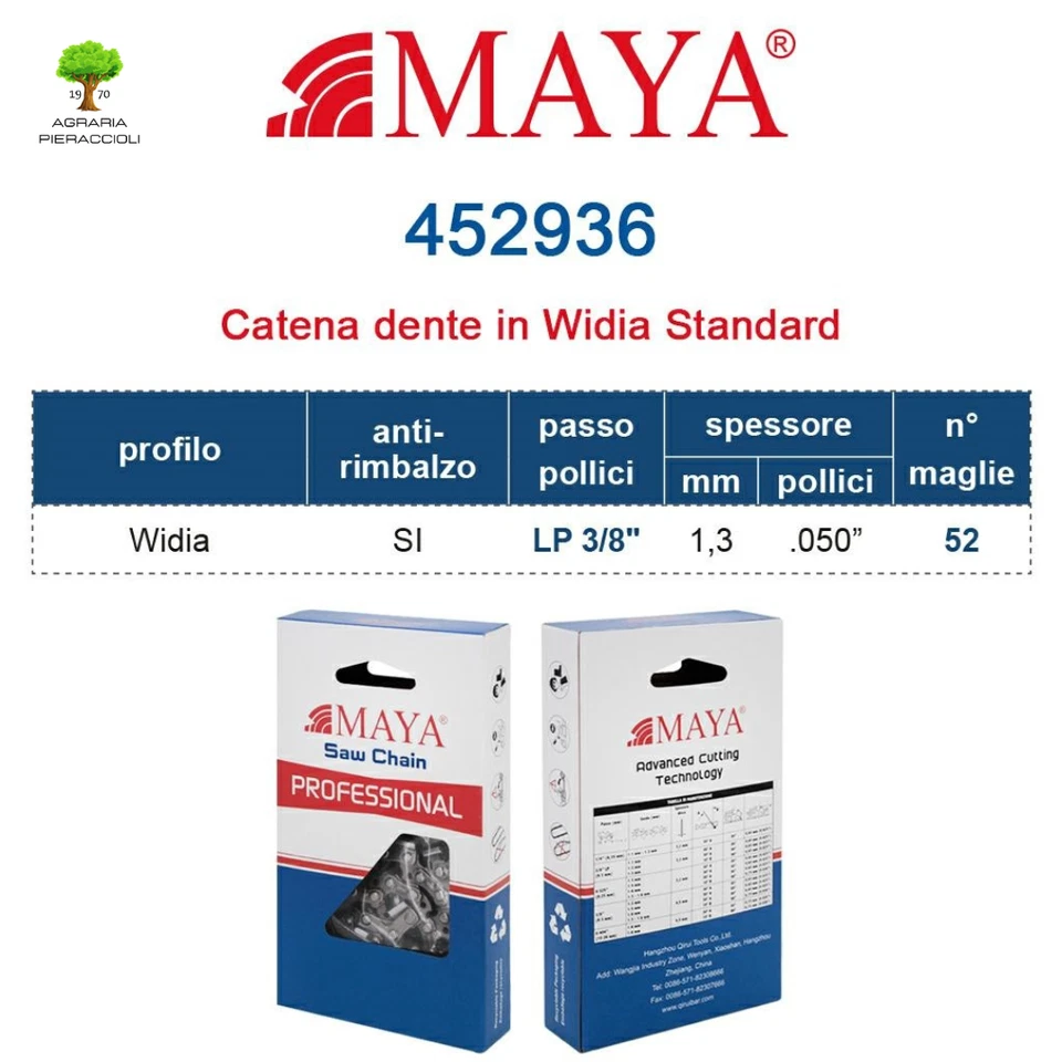 CATENA MOTOSEGA MAYA 452936 DENTI WIDIA 3/8" LP SP. 1,3mm MAGLIE 52 ANTIRIMBALZO