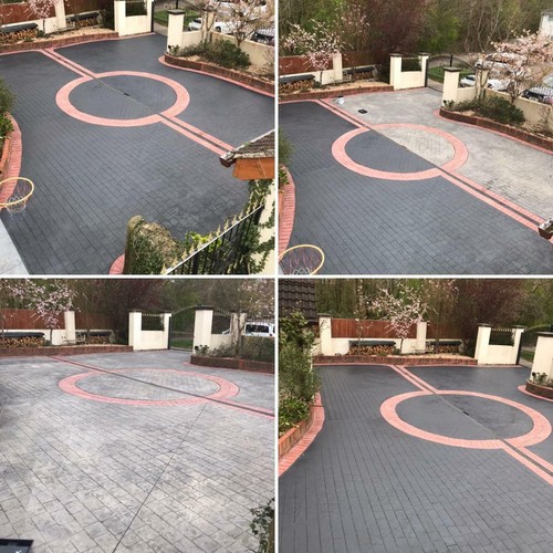 Imprinted concrete driveway sealer paint pattern imprint charcoal grey