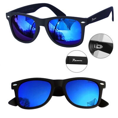 Marken Sonnenbrille Rennec Schwarz Blau Orange Verspiegelt Nerd R12 six Edition
