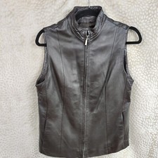 Vintage EL Genuine Leather Women Vest Gilet M Dark Brown Sleeveless Biker Jacket