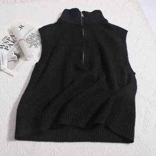 Women Knit Vest Half-zip Sleeveless Sweater Stand Collar Waistcoat Tank Tops