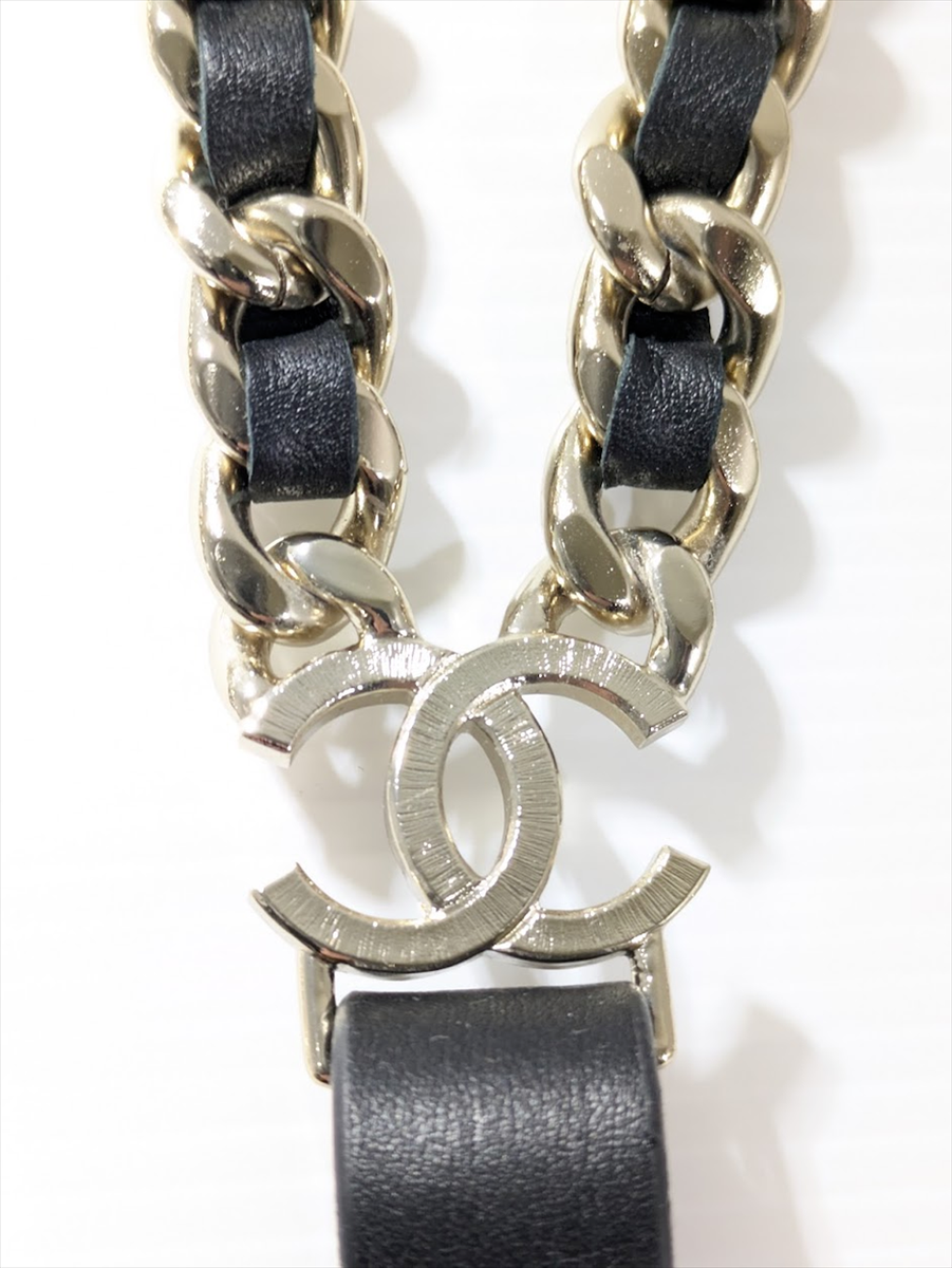 CHANEL CC Chain Belt Suspenders Black Leather Gold Size:75