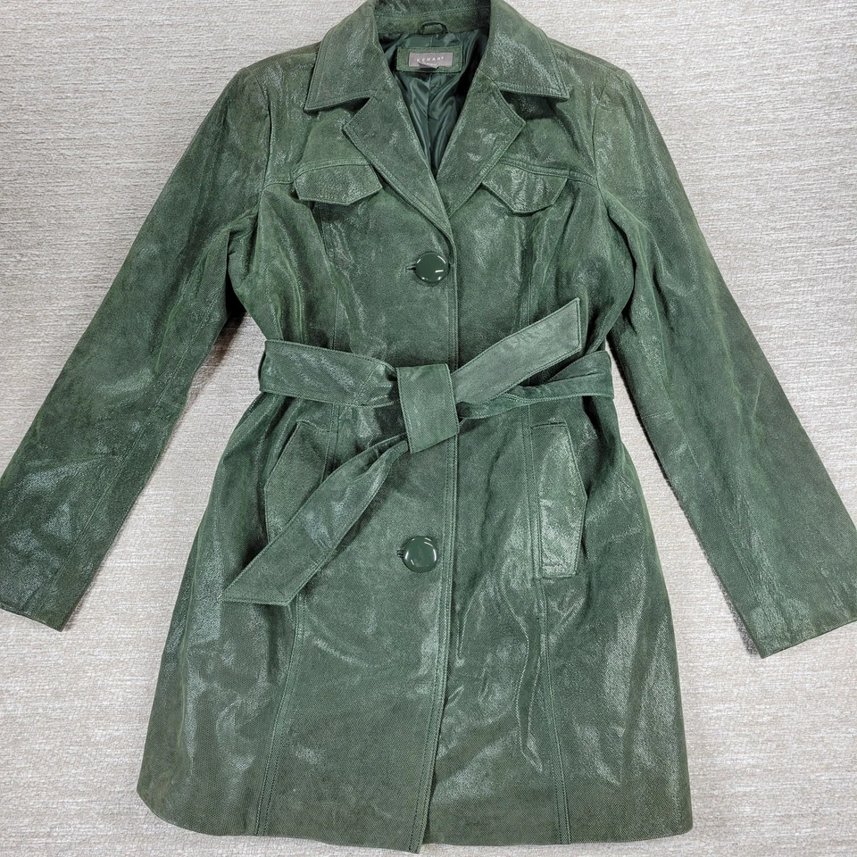 Trench coat feminino Kenar couro verde com cinto 8 jaqueta em relevo líquido  - Imagem 2 de 4