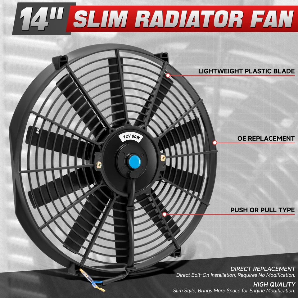 Radiador eléctrico de 14 pulgadas delgado push pull ventilador de refrigeración kit de relé de 12 V kit de montaje Foto 2 de 4