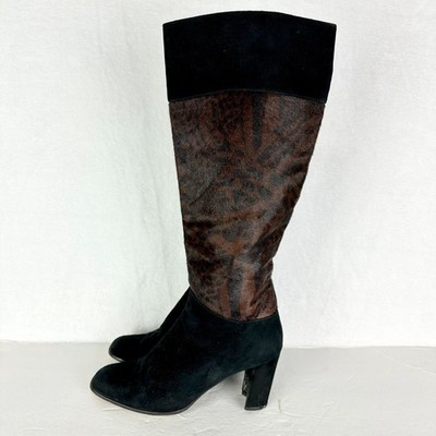 Stuart Weitzman Pony Hair Knee High Boots Size 7.5 Black Suede Leopard
