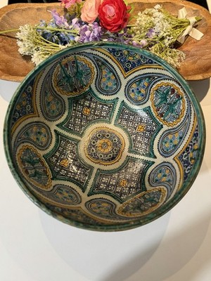Vintage Fez' Moroccan Safi Pottery Bowl 12'' Hand Painted And Signed