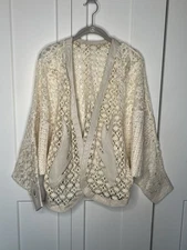 Vintage Unbranded Boho Lace Leather Cutout Trim Kimono Jacket  Women's One Size