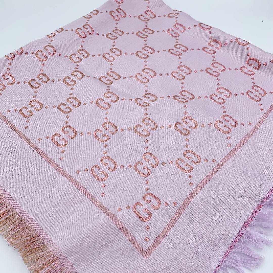 Auth GUCCI GG Logo Pattern Reversible Stole Wool Silk Pink Purple from japan thumbnail 2