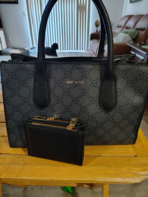 Nine West Black/Gray Logo Satchel Top Handle Zip, Detachable Strap, Coin Purse