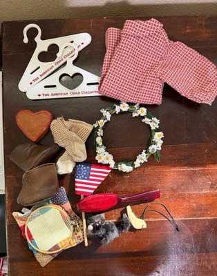 American Girl Doll Kristin Dress & Accessories - 2 Hangers, Cat, Flag & More