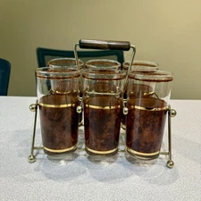 Vintage Barware 6 MCM Culver Highball Glasses Tortoise Shell 22K Gold w/Caddy