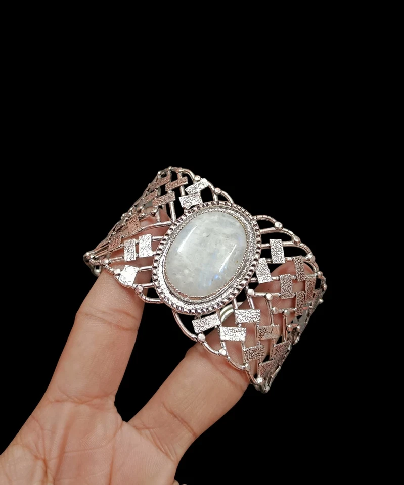 Natural Rainbow moonstone Bangle 925 Sterling Silver gift bangle For Her - Image 4 of 4