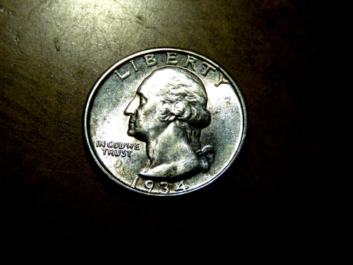 Brilliant Uncirculated 1934 Heavy Motto Washington Silver Quarter E1