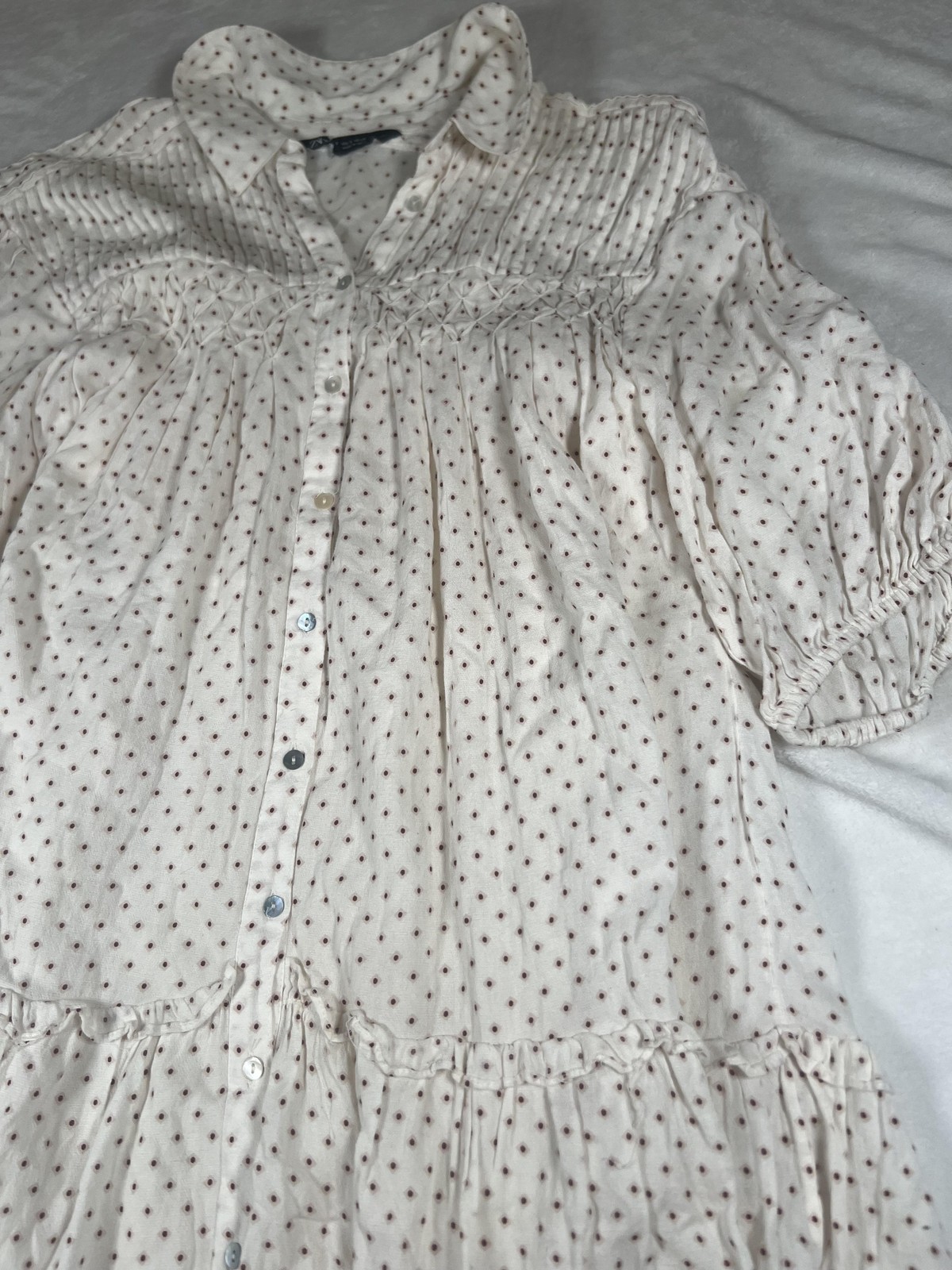 Zara Shirt Womens Small White Polka Dot Ruffle Button Up 3/4 Sleeve Tunic Top thumbnail 4