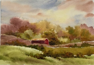 Pamela Wilhelm original 5 x7  Watercolor Big Red Barn Evening Autumn Glow