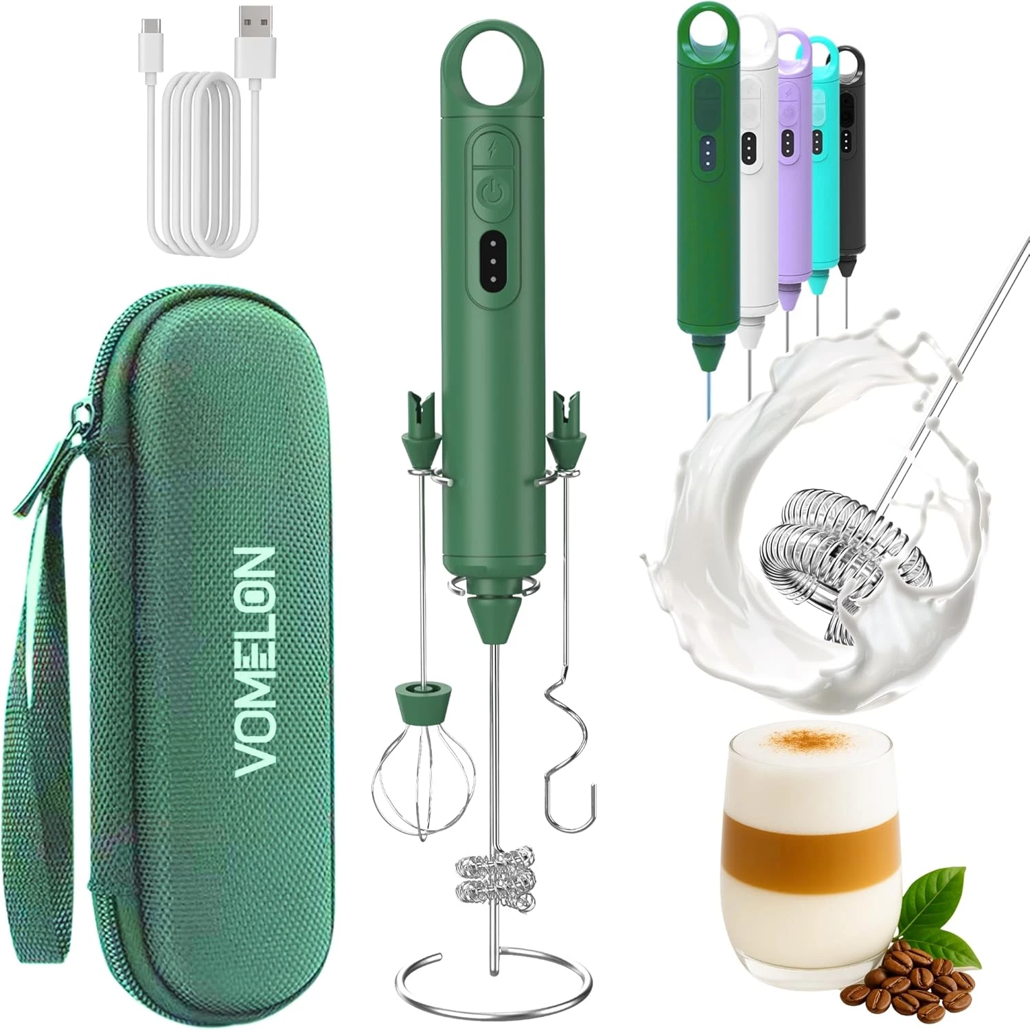 Rechargeable Milk Frother Handheld 3 Speed Coffee Foamer [3 Whisk] Electric Drin