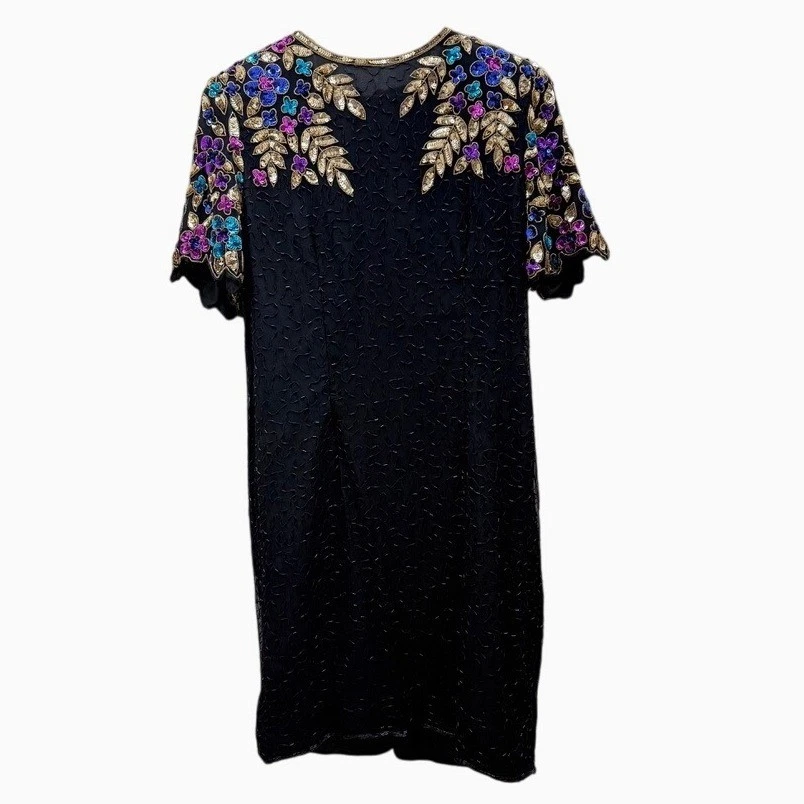 VTG Black Beaded Silk Sequin Multicolor Dress Short Sleeve Cocktail Party Sz 16 - Image 2 of 4