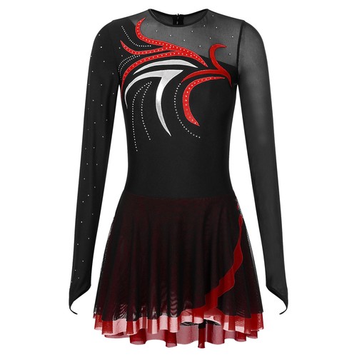 Womens Shiny Long Sleeve Leotard Dress Figure Ice Skating Ballet Dance Dress - Picture 22 of 52