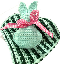 Handcrafted Crocheted 6.5" Delightful Green Bunny and 7.5" Green Striped Blanket