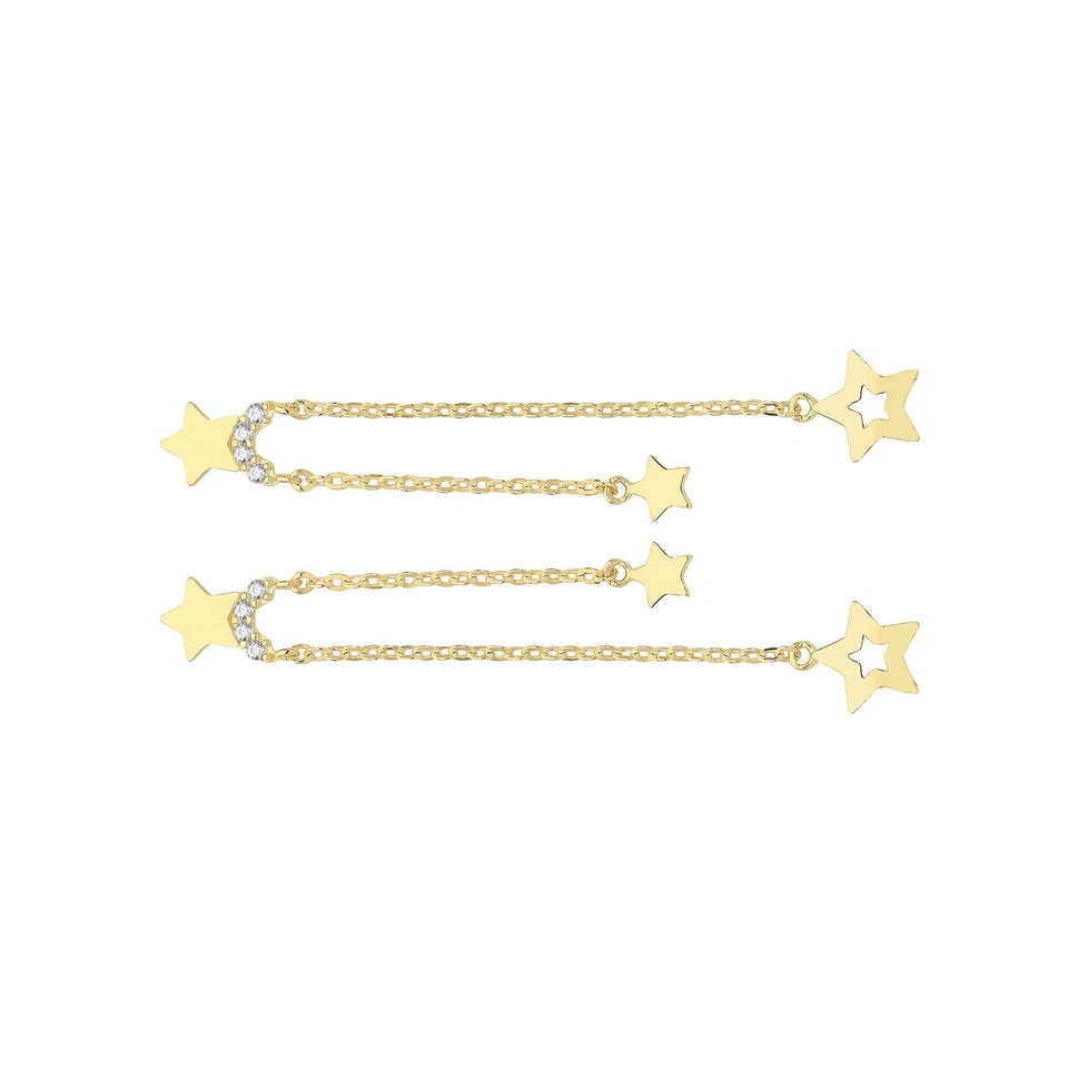 Pendientes colgantes de cadena de estrellas de 4 piedras de oro amarillo de 9 quilates 375 con sello nuevos en caja Foto 2 de 3