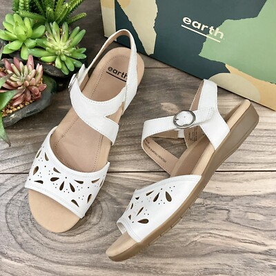 NIB Earth Alder Arvi Floral Cutout Quarter Strap Sandal White Leather 8M