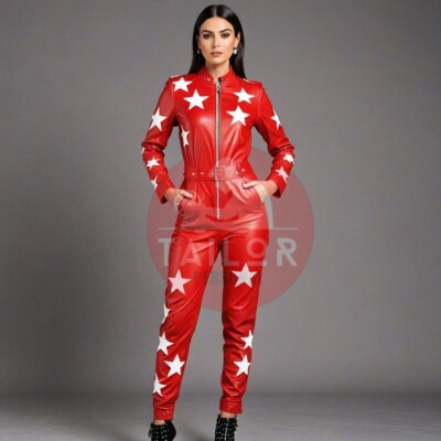 Womens Real Soft Leather Red Catsuit Front Zipper Tight Fit Kink Lady Jumpsuit