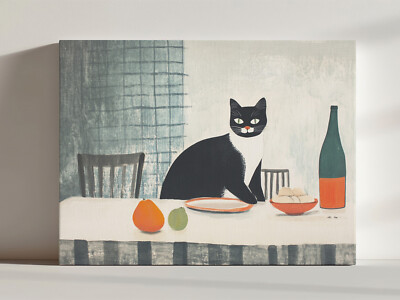 Smoking Katze auf Esstisch Leinwandbild Wandbild, niedlich schrullig skurril Kunst