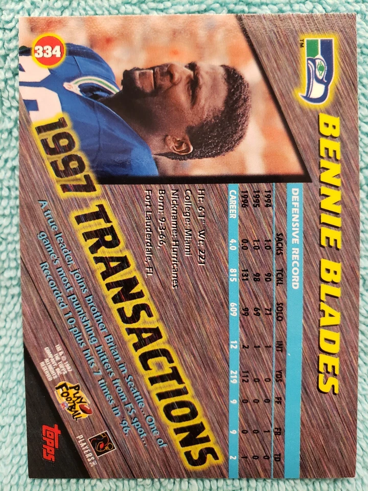 1997 TOPPS STADIUM CLUB BENNIE BLADES #334 SEATTLE SEAHAWKS TRANSACTIONS - Image 3 of 4