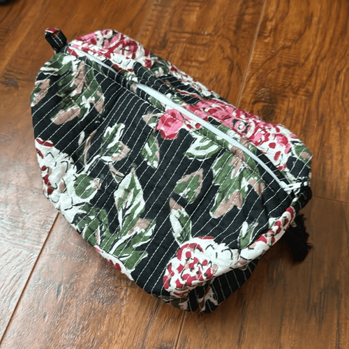 Cotton Quilted Black Floral Pink Green Makeup Cosmetic Bag Toiletry Pouch Case