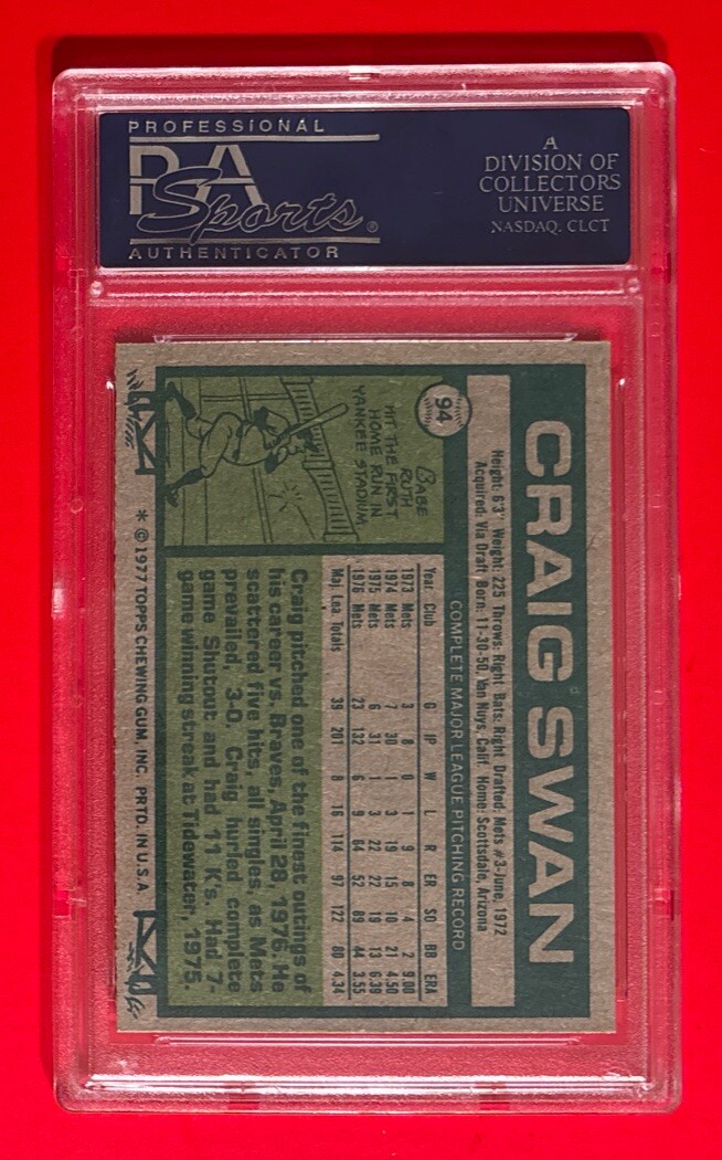 1977 TOPPS CRAIG SWAN #94 PSA 7 GRADED BASEBALL CARD NEW YORK METS VINTAGE view 3