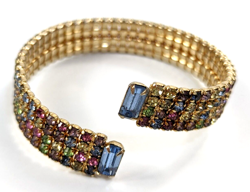 Vintage Stunning Multi Color Pave Rhinestone Bypass Bracelet 2.25" Adjustable