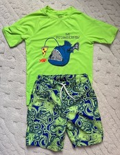 Lands' End Swim Shorts Rashguard Shirt Set 4-5T Blue Neon Green Suit